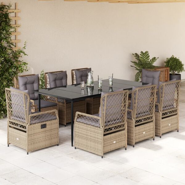 vidaXL 9-tlg. Garten-Essgruppe mit Kissen Beige Poly Rattan
