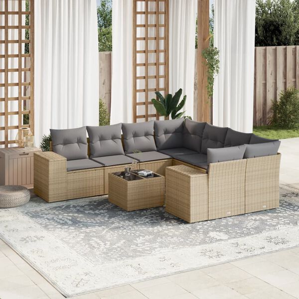 vidaXL 9-tlg. Garten-Sofagarnitur mit Kissen Beige Poly Rattan