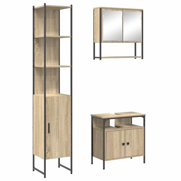 vidaXL Badezimmerm&ouml;bel-Set mit Regal 3 pcs Sonoma-Eiche Holzwerkstoff