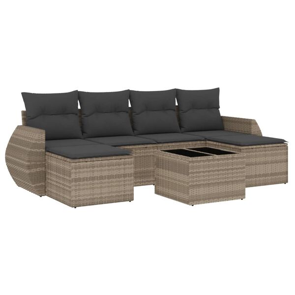 vidaXL 7-tlg. Garten-Sofagarnitur mit Kissen Hellgrau Poly Rattan