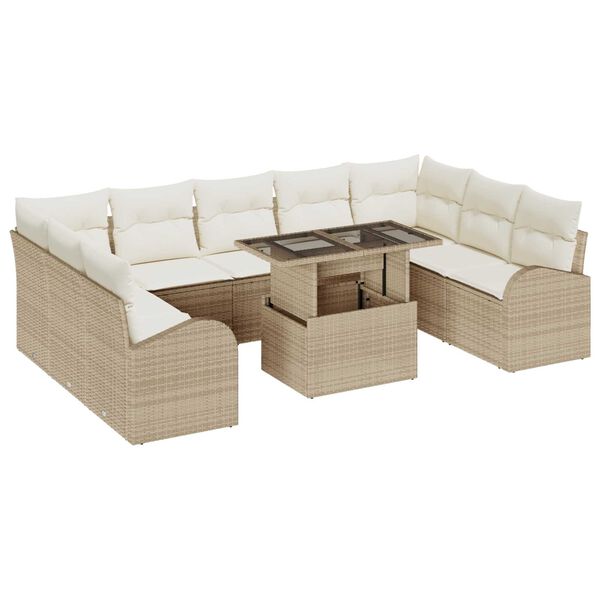 vidaXL Gartensofa-set mit Kissen mit Speicher 10 pcs Beige Poly Rattan