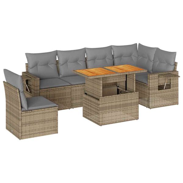 vidaXL 7-tlg. Garten-Sofagarnitur mit Kissen Beige Poly Rattan