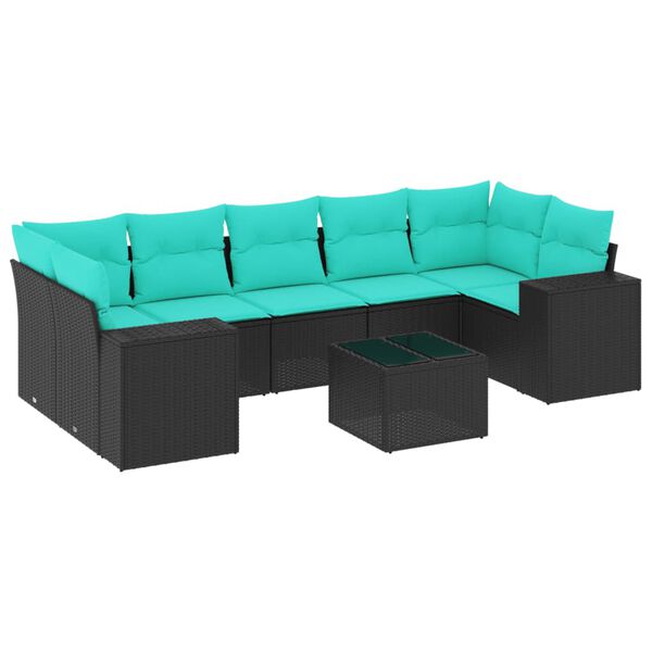 vidaXL 8-teiliges Gartensofa-Set mit Kissen, schwarzes Polyrattan