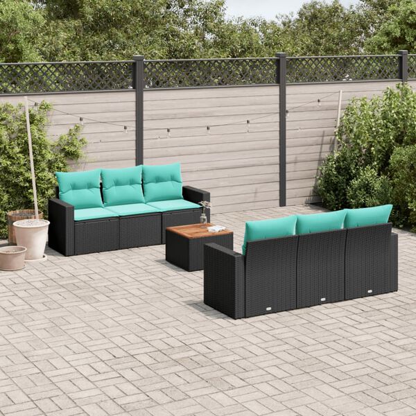vidaXL 7-tlg. Garten-Sofagarnitur mit Kissen Schwarz Poly Rattan