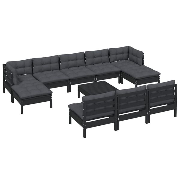 vidaXL 11-tlg. Garten-Lounge-Set mit Kissen Schwarz Kiefernholz