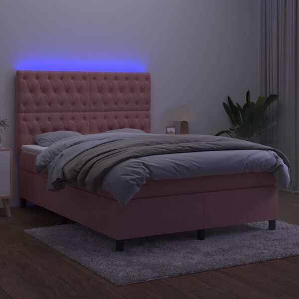 vidaXL Boxspringbett mit Matratze & LED Rosa 140x190 cm Samt