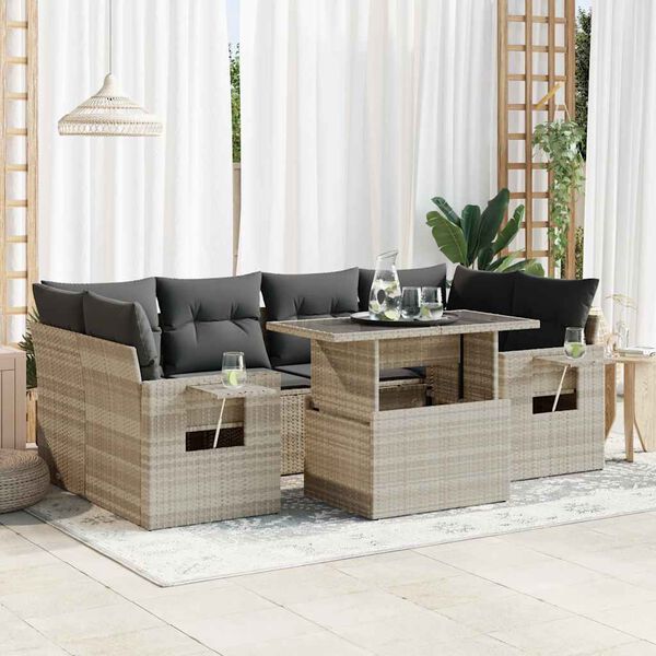 vidaXL 7-tlg. Garten-Sofagarnitur mit Kissen Hellgrau Poly Rattan