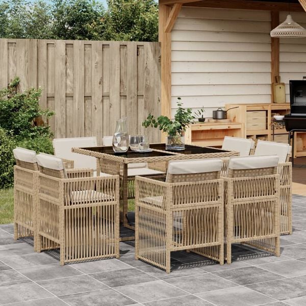 vidaXL 9-tlg. Garten-Essgruppe mit Kissen Beige Poly Rattan