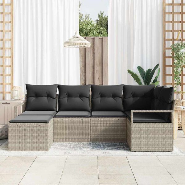 vidaXL Sofa Set mit Kissen mit Speicher 6 pcs Hellgrau Poly-Rattan