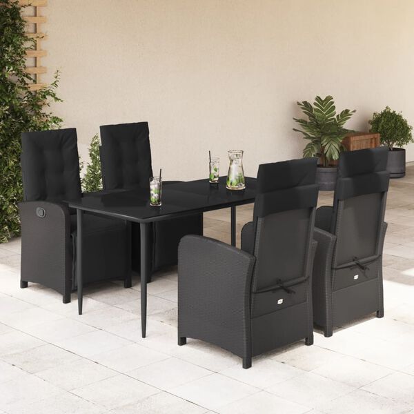 vidaXL 5-tlg. Garten-Essgruppe mit Kissen Schwarz Poly Rattan