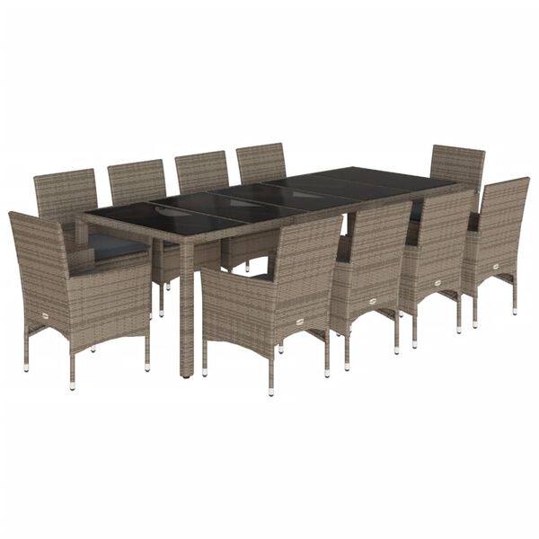 vidaXL 11-tlg. Garten-Essgruppe mit Kissen Grau Poly Rattan Glas
