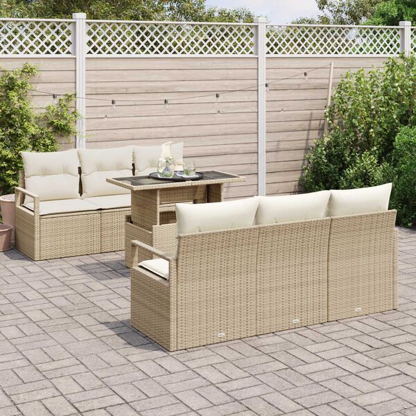 vidaXL Gartensofa-set mit Kissen mit Speicher 7 pcs Beige Poly Rattan