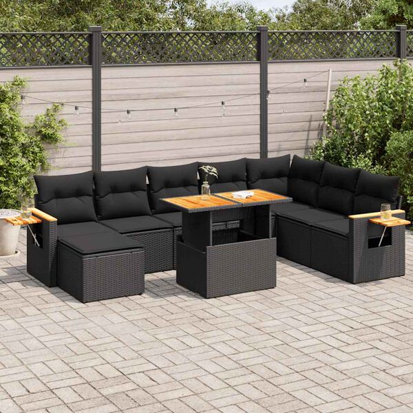 vidaXL 9-tlg. Garten-Sofagarnitur mit Kissen Schwarz Poly Rattan