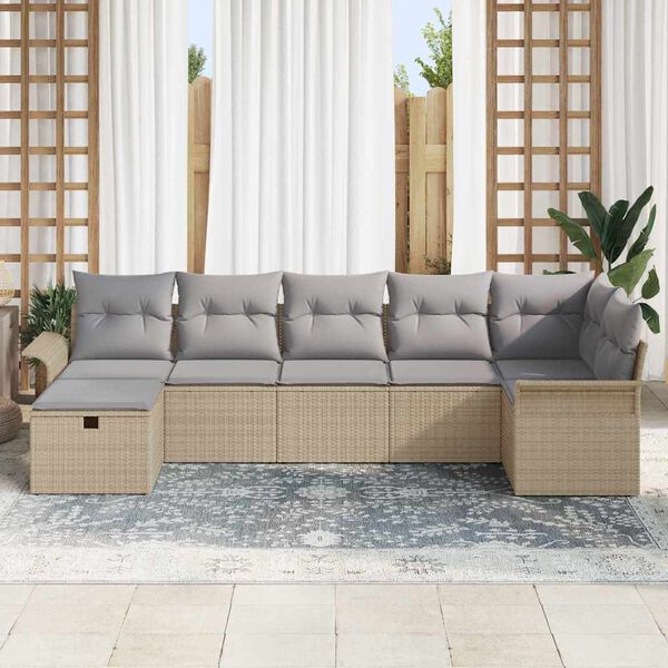 vidaXL Garten-Sofa-Set mit Kissen mit Speicher 7 pcs Beige Poly Rattan