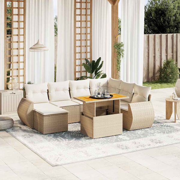 vidaXL 8-tlg. Garten-Sofagarnitur mit Kissen Beige Poly Rattan