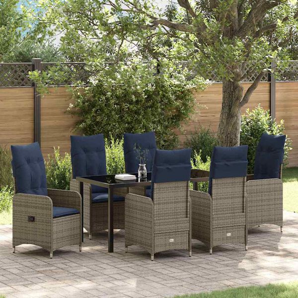 vidaXL Tisch- und Stuhlset mit Kissen 7 pcs Grau PE-Rattan