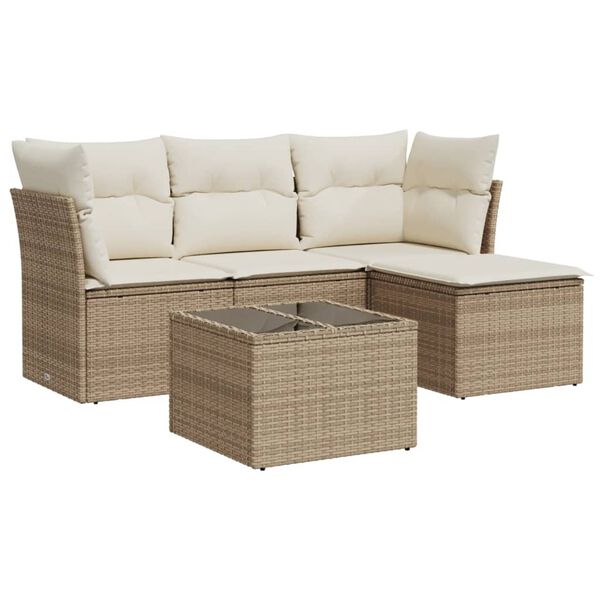 vidaXL 5-tlg. Garten-Sofagarnitur mit Kissen Beige Poly Rattan