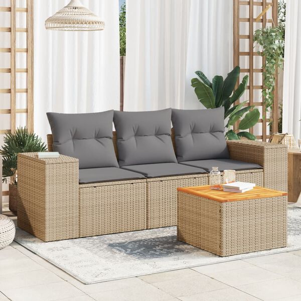 vidaXL 4-tlg. Garten-Sofagarnitur mit Kissen Beige Poly Rattan