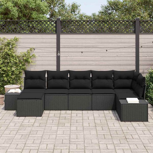 vidaXL Garten-Sofa-Set mit Kissen 7 pcs Schwarz Poly-Rattan