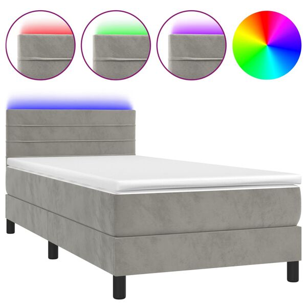 vidaXL Boxspringbett mit Matratze & LED Hellgrau 90x200 cm Samt
