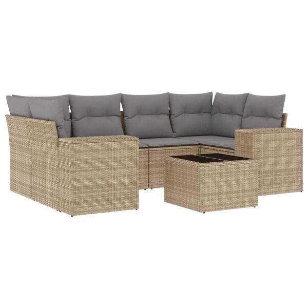 vidaXL 7-tlg. Garten-Sofagarnitur mit Kissen Beige Poly Rattan