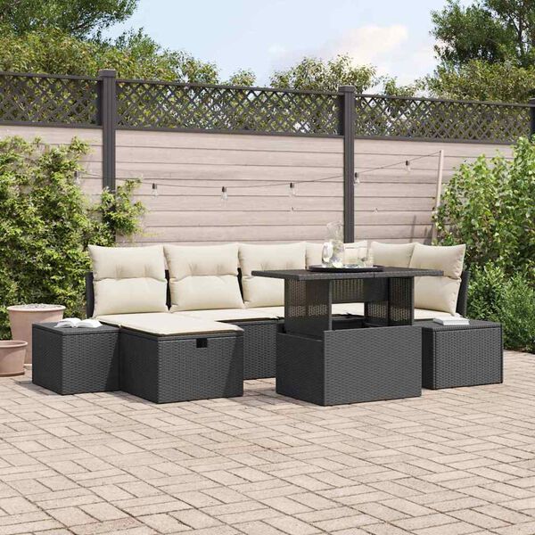 vidaXL Garten-Sofa-Set mit Kissen 7 pcs Schwarz Poly Rattan