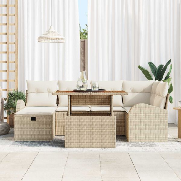 vidaXL Garten-Sofa-Set mit Kissen mit Speicher 7 pcs Beige Poly Rattan