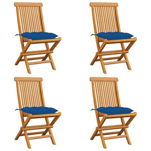 vidaXL Klappst&uuml;hle mit blauen Kissen, 4 St&uuml;ck, Massivholz Teakholz