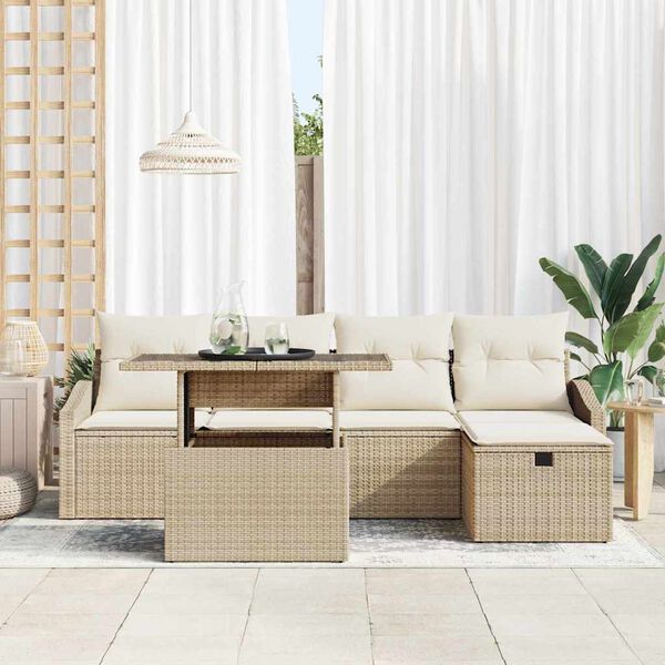 vidaXL Garten-Sofa-Set mit Kissen mit Speicher 6 pcs Beige Poly Rattan