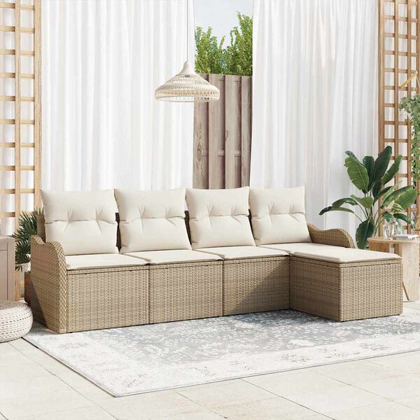 vidaXL Garten-Sofa-Set mit Kissen mit Speicher 5 pcs Beige Poly Rattan