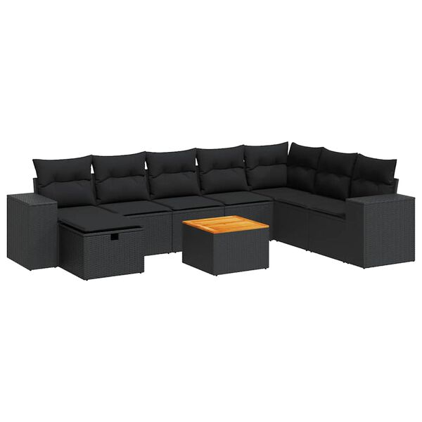 vidaXL 9-tlg. Garten-Sofagarnitur mit Kissen Schwarz Poly Rattan