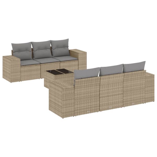 vidaXL 7-tlg. Garten-Sofagarnitur mit Kissen Beige Poly Rattan