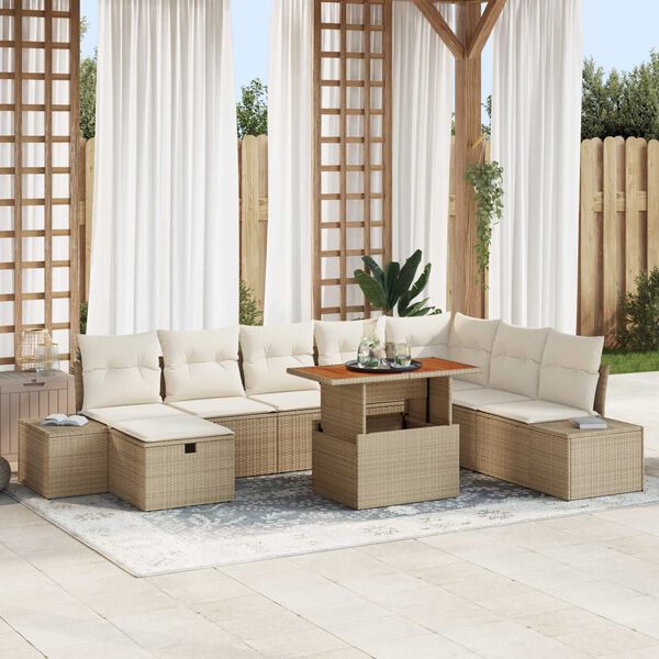 vidaXL Garten-Sofa-Set mit Kissen mit Speicher 9 pcs Beige Poly Rattan