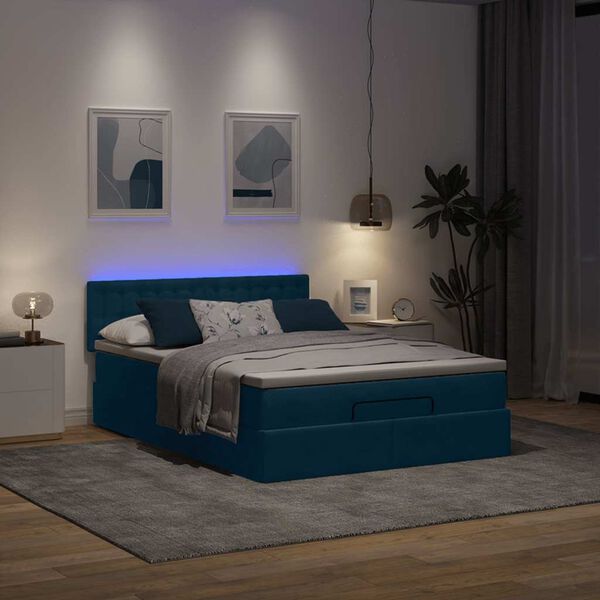 vidaXL Ottoman-Bett mit Matratze & LEDs Dunkelblau 140x200 cm Samt