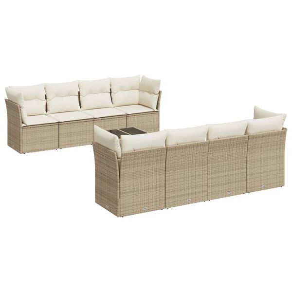 vidaXL 9-tlg. Garten-Sofagarnitur mit Kissen Beige Poly Rattan