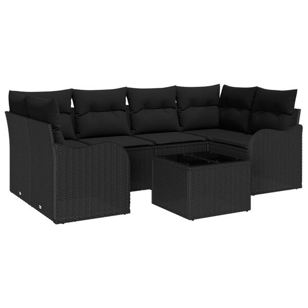 vidaXL Garten-Sofa-Set 7 pcs Schwarz Poly-Rattan und Stahl und Glas