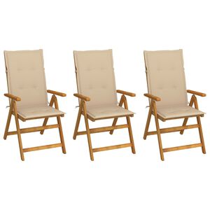 vidaXL Klappst&uuml;hle, 3er-Set mit Kissen, aus massivem Akazienholz