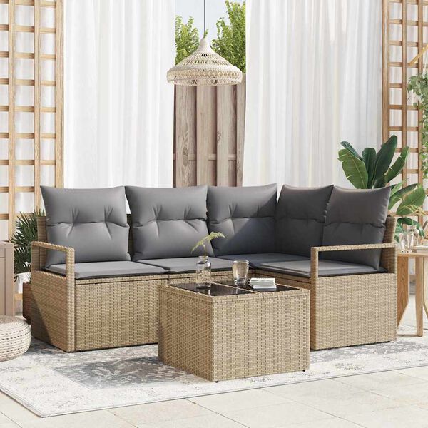 vidaXL Sofa Set mit Kissen 5 pcs Beige und Hellgrau Poly-Rattan