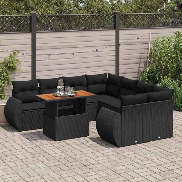 vidaXL 9-tlg. Garten-Sofagarnitur mit Kissen Schwarz Poly Rattan