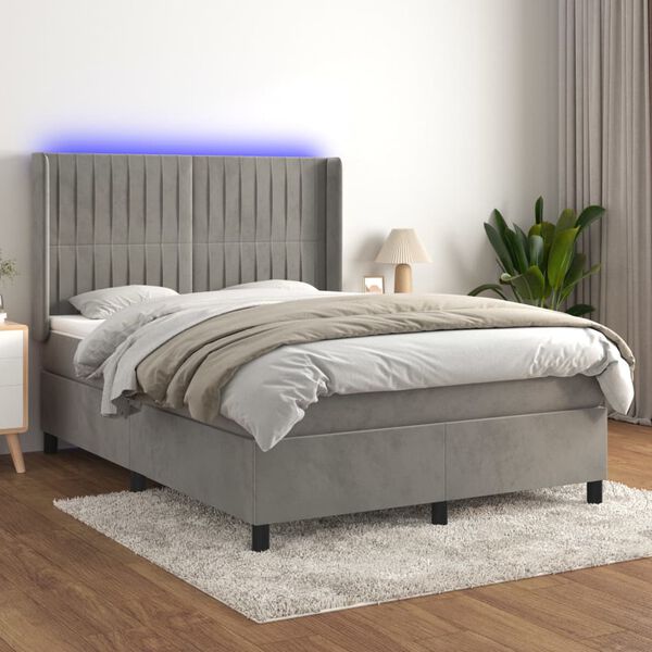 vidaXL Boxspringbett mit Matratze & LED Hellgrau 140x200 cm Samt