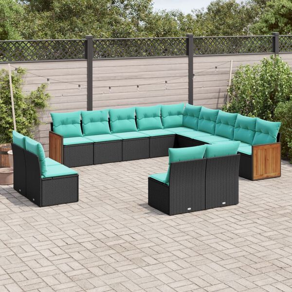 vidaXL 13-teiliges Gartensofa-Set mit Kissen, schwarzes Polyrattan