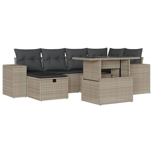 vidaXL 7-tlg. Garten-Sofagarnitur mit Kissen Hellgrau Poly Rattan
