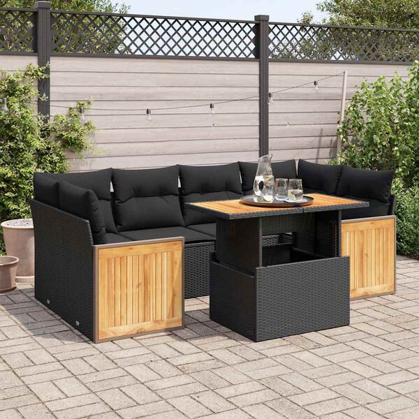 vidaXL 7-tlg. Garten-Sofagarnitur mit Kissen Schwarz Poly Rattan