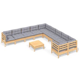 vidaXL 11-tlg. Garten-Lounge-Set mit Grauen Kissen Kiefernholz
