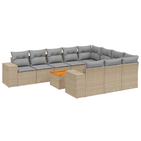 vidaXL 11-tlg. Garten-Sofagarnitur mit Kissen Beige Poly Rattan
