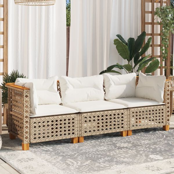 vidaXL Gartensofa mit Kissen 3-Sitzer Beige Poly Rattan