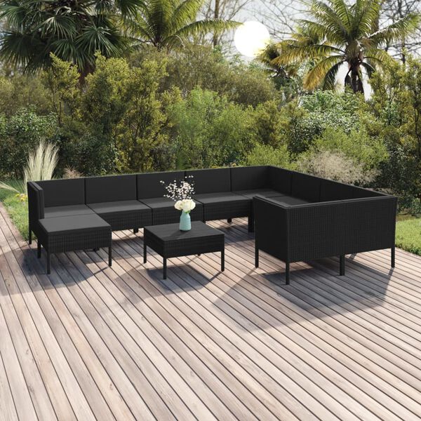 vidaXL 11-tlg. Garten-Lounge-Set mit Auflagen Poly Rattan Schwarz