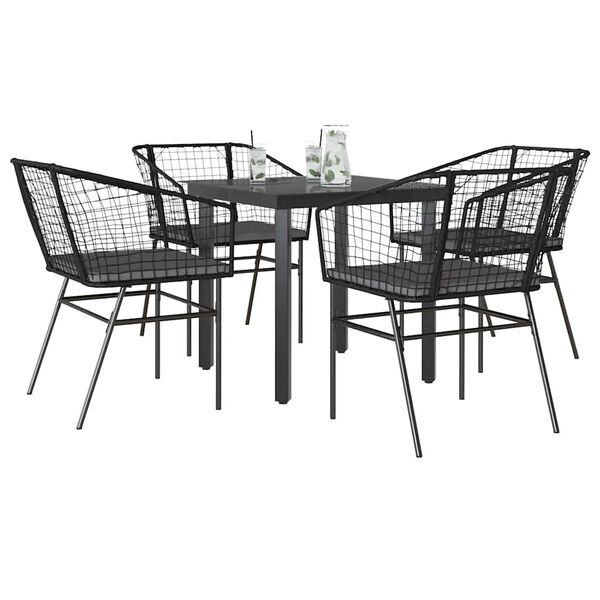 vidaXL 5-tlg. Garten-Essgruppe mit Kissen Schwarz Poly Rattan Glas