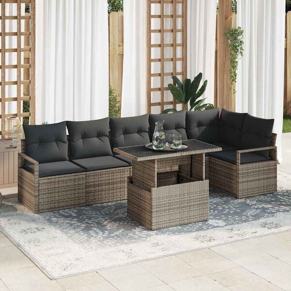 vidaXL Garten-Sofa-Set mit Kissen 7 pcs Grau Poly Rattan