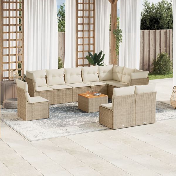 vidaXL 11-tlg. Garten-Sofagarnitur mit Kissen Beige Poly Rattan